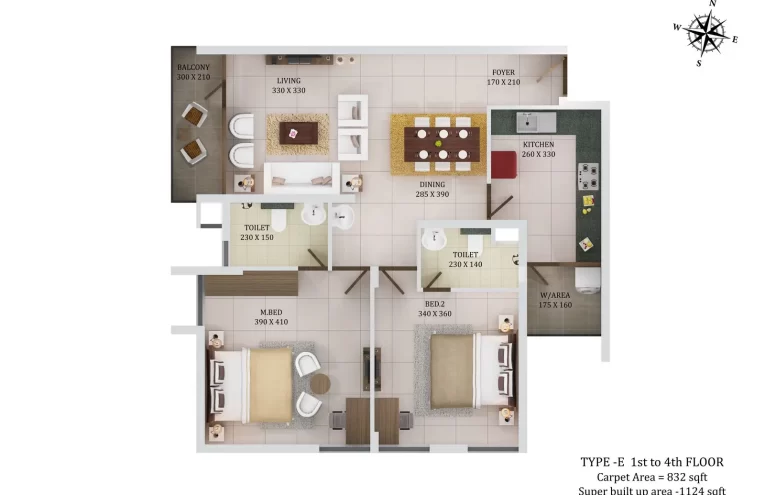 Type E 2BHK 1st Floor to 4th Floor